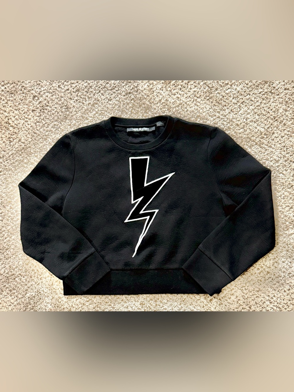 NEIL BARRETT Black White Velvet Thunderbolt Cropped Luxury Sweatshirt | Sz XS
